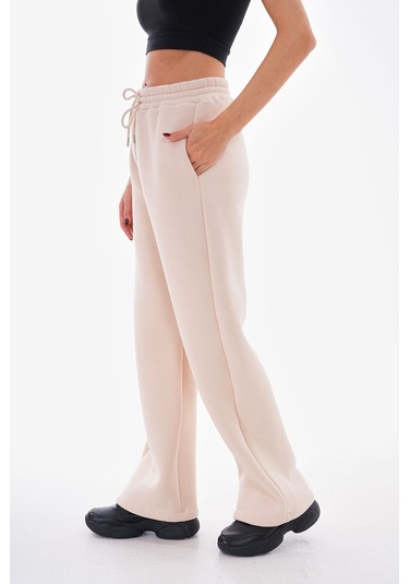 Kallima Bej Kışlık Şardonlu Yüksek Bel Bol Paça Eşofman Altı Bej