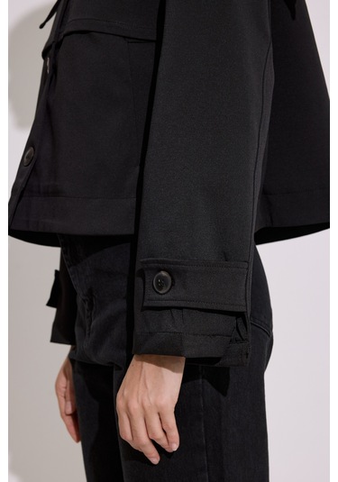 Geniş Yaka Crop Trençkot Siyah Siyah