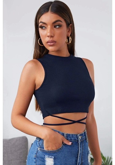 İmoda Kadın Lacivert Çapraz Bağlamalı Crop Top Büstiyer Çok Renkli