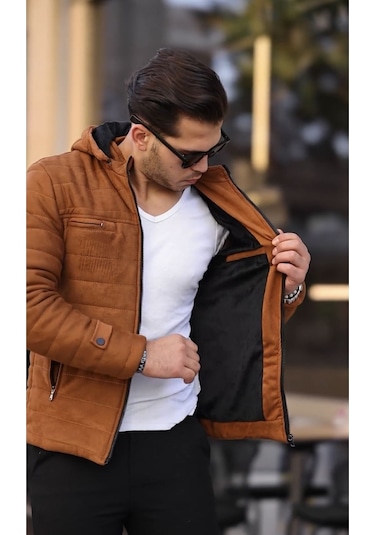 Erkek Taba Dar Kesim Kapüşonlu Süet Mont Taba