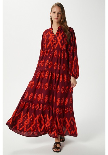 Modest Megan Turuncu Kadın %100 Viskon Maksi Boy Katlı Balon Kol Uzun Yazlık Elbise Turuncukırmızı