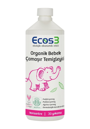 Ecos3 Parfümsüz Konsantre Organik Bebek Çamaşır Temizleyici 30 Yıkama 1 L