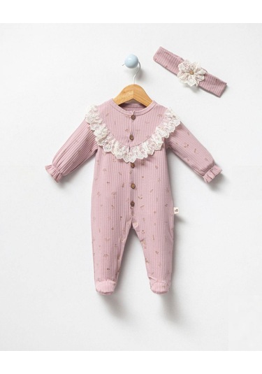 By Bubbles Natural Dantel Detaylı Önden Açmalı Kız Bebek Tulum Lila