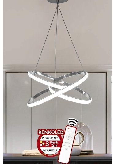 Renkoled Aydınlatma Kumandalı 3 Renk Işıklı Krom Kasa Modern Sarkıt Led Avize Krom