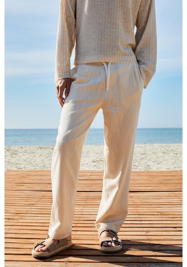EDVIN Erkek Beli Lastikli Yanları Cepli Keten Karışımlı Relaxed Fit Ekru Pantolon