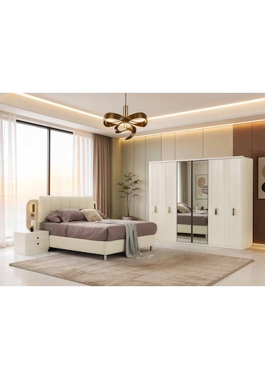 Grand Tamamı Mdf 6 Membranlı Kapaklı Reflekte Camlı Gardırop Dolap Beyaz