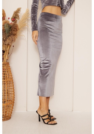 Kadın Antrasit Kadife Maxi Boy Etek Dm2026 Antrasit