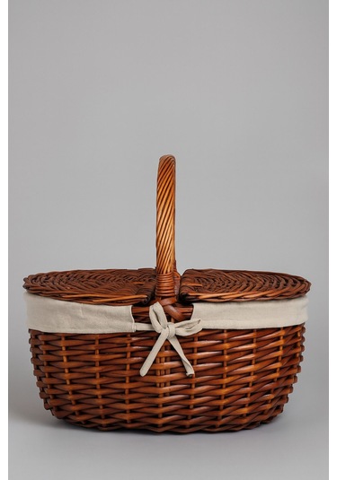 Krem Kumaş Detaylı Hasır Piknik Sepeti 40x30x19 Cm Kapaklı Termoform Sepet Brown