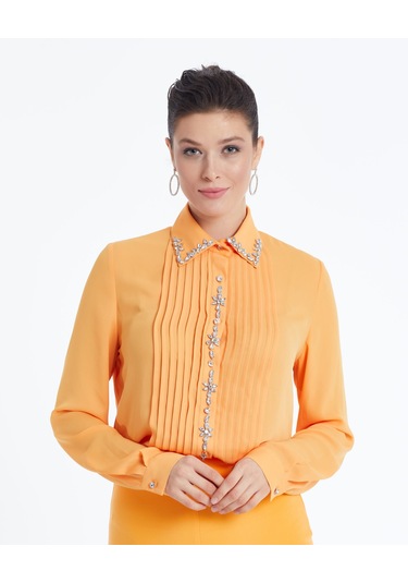 Kadın Taş Detaylı Gömlek Şık Düğme Ve Yaka İşlemeli Orange