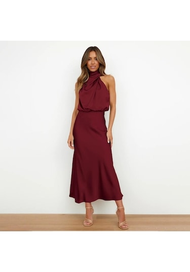 Novahub Kadın Yaz Gece Elbisesi Kolsuz Zarif Halter A-line Yüksek Bel Uzun Elbiseler Düz Renk Şarap Kırmızısı - S Bordo
