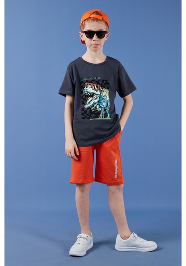 Lela Pamuklu Regular Fit Bisiklet Yaka Şortlu Alt-Üst Erkek Çocuk Takım 6212016 Füme