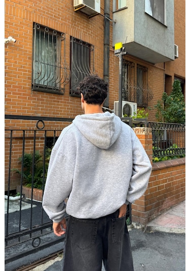 Flaw Nakışlı Zip Hoodie Gri Melanj Gri Melanj