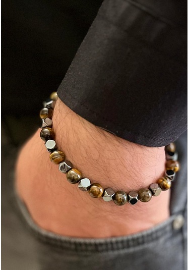 Glamglamour Hematit&kaplangözü Çelik Mixli Şık Erkek Bileklik 20-25cm Uyumlu Kahverengi