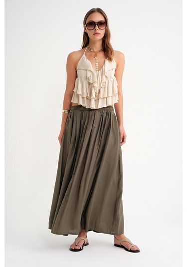 4612 Kadın Yandan Cepli Pileli Bol Etek Haki Haki 4612 Kadın Yandan Cepli Pileli Bol Etek Haki Haki