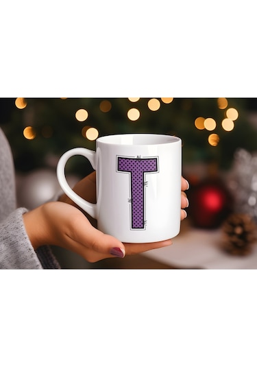 T Harfi Mor Puantiyeli Kupa Bardak - Polka Dot Tasarım Kahve Çay Bardak - Kişiye Özel Hediyelik Beyaz