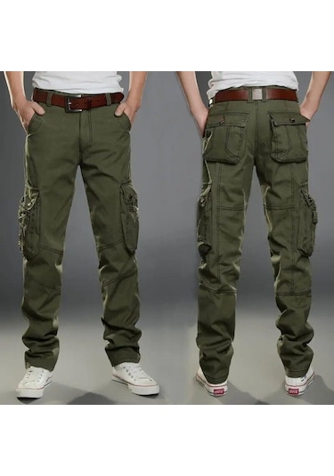 2024 Yeni Erkek Çoklu Cepli Kargo Pantolonu, Gevşek Düz Bacak Açık Hava Çalışma Pantolonu, Erkekler İçin Büyük Boy Askeri Pantolon Yeşil