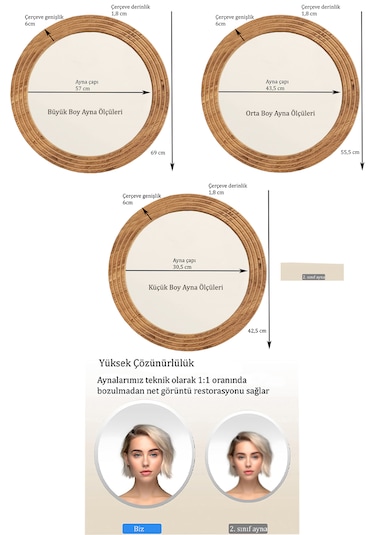 Antik Ahşap Dekoratif Ayna Yuvarlak Banyo Duvar Aynası 56 Cm Naturel