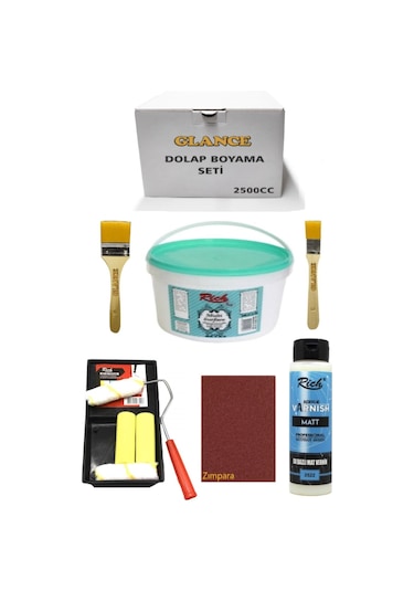 Rich 2500 Cc 3,5kg Multi Surface Beyaz Dolap Boyama Seti Mobilya Boyama Seti Yarı Mat Tava Rulo Set 11409 Çok Renkli