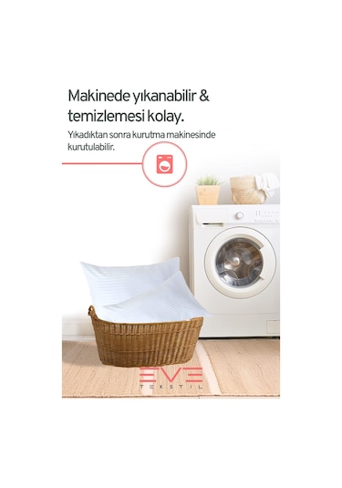 Eve Tekstil 2 Adet Çizgili Saten Fermuarlı Antialerjik Yıkanabilir Silikon Elyaf Yüksek Dolgulu Yastık 900 Gr Beyaz