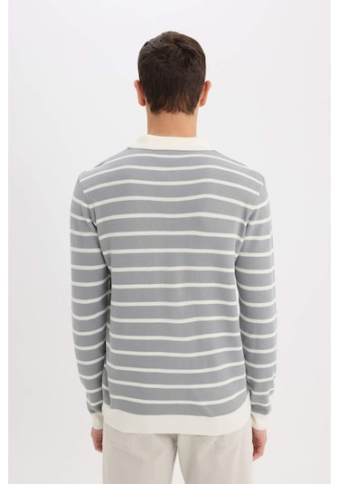 DeFacto Standart Fit Polo Yaka Çizgili Triko Kazak E7604AX24WNGR253