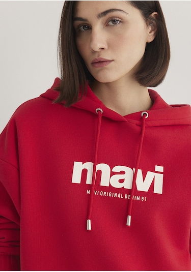 Mavi - Mavi Logo Baskılı Kapüşonlu Kırmızı Sweatshirt 168334-35476 Kırmızı