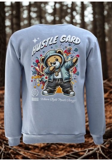 Feydi Unisex İçi Polarlı Kapüşonlu Sweatshirt Hustle Gard Baskılı Açık Mavi