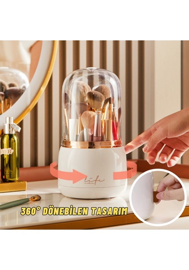 Masaüstü Makyaj Fırçası Ve Kozmetik Düzenleme Kutusu Organizer Bölmeli Dönebilen Bej