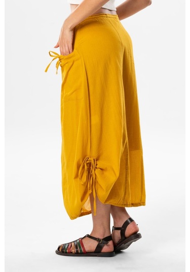 Gökşen Vual Bağlama Ve Lastik Detay Midi Boy Yazlık Otantik Etek Hardal Hrd-hardal Hardal
