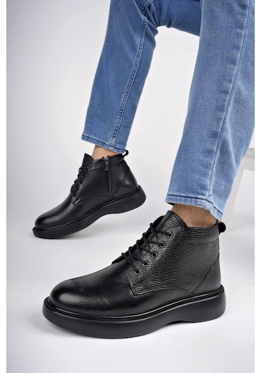 Muggo Bernard Garantili Hakiki Deri Bağcıklı Fermuarlı Kaymaz Taban Casual Erkek Bot 001