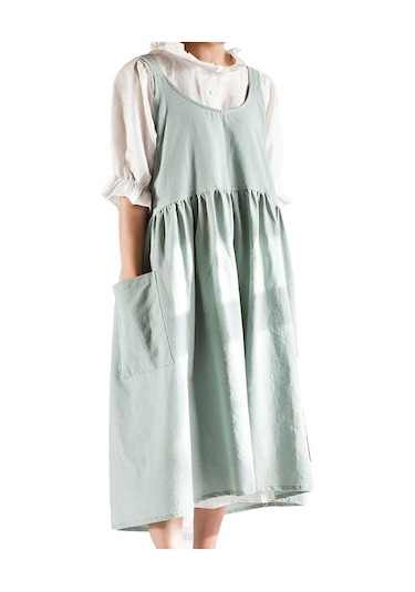 Açık Yeşil Kadın Pamuk Keten Japon Ev Işi Pişirme Önlükleri Elbise Kolsuz Önlükler Restoran Çiçekçi Ev Pişirme Önlüğü