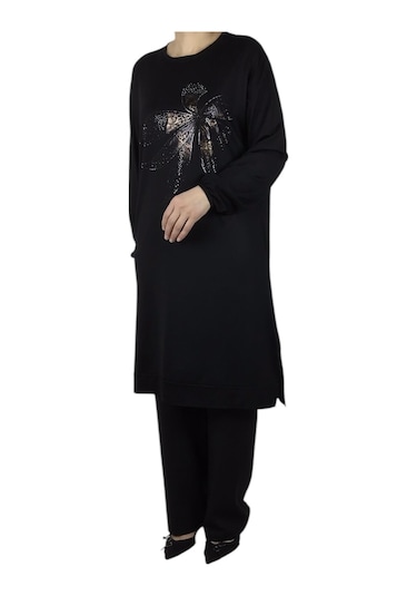 Kadın Önü Desenli Kristal İki İplik Büyük Beden Tunik Siyah