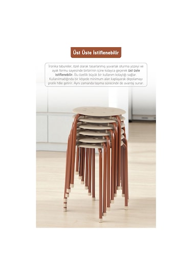 İronika Otto Metal Gövdeli Modern Tabure Mutfak Bahçe Taburesi - 6 Adet Krem Kahverengi