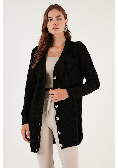 Lela Regular Fit V Yaka Düğmeli Triko Örme Uzun Bayan Hırka 4615044 Siyah