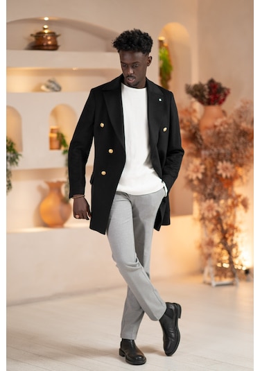 Paul Martin İtalyan Yaka Yünlü Kruvaze Kaşe Kaban Siyah