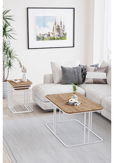 Lyon Orta Sehpa Beyaz Metal - Atlantik Çam Tabla