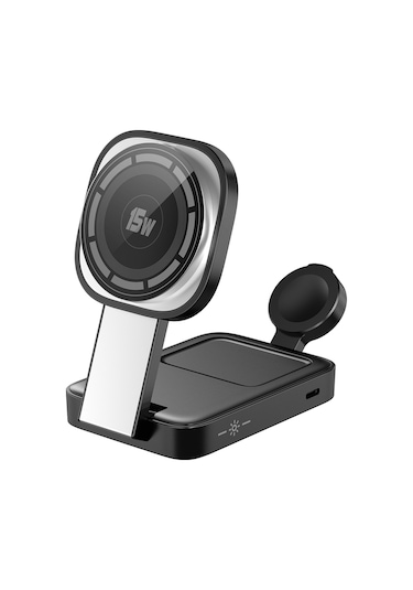 C40 3'ü 1 Arada Katlanabilir Şarj Standı Telefon İzle Kulaklık 15w Manyetik Kablosuz Şarj Cihazı Led Sıcak Işık Siyah