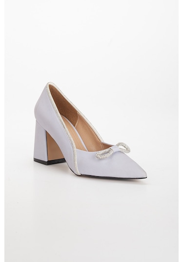 Saten Taşlı Kalın Topuk Gri Kadın Stiletto-2032-GRİ