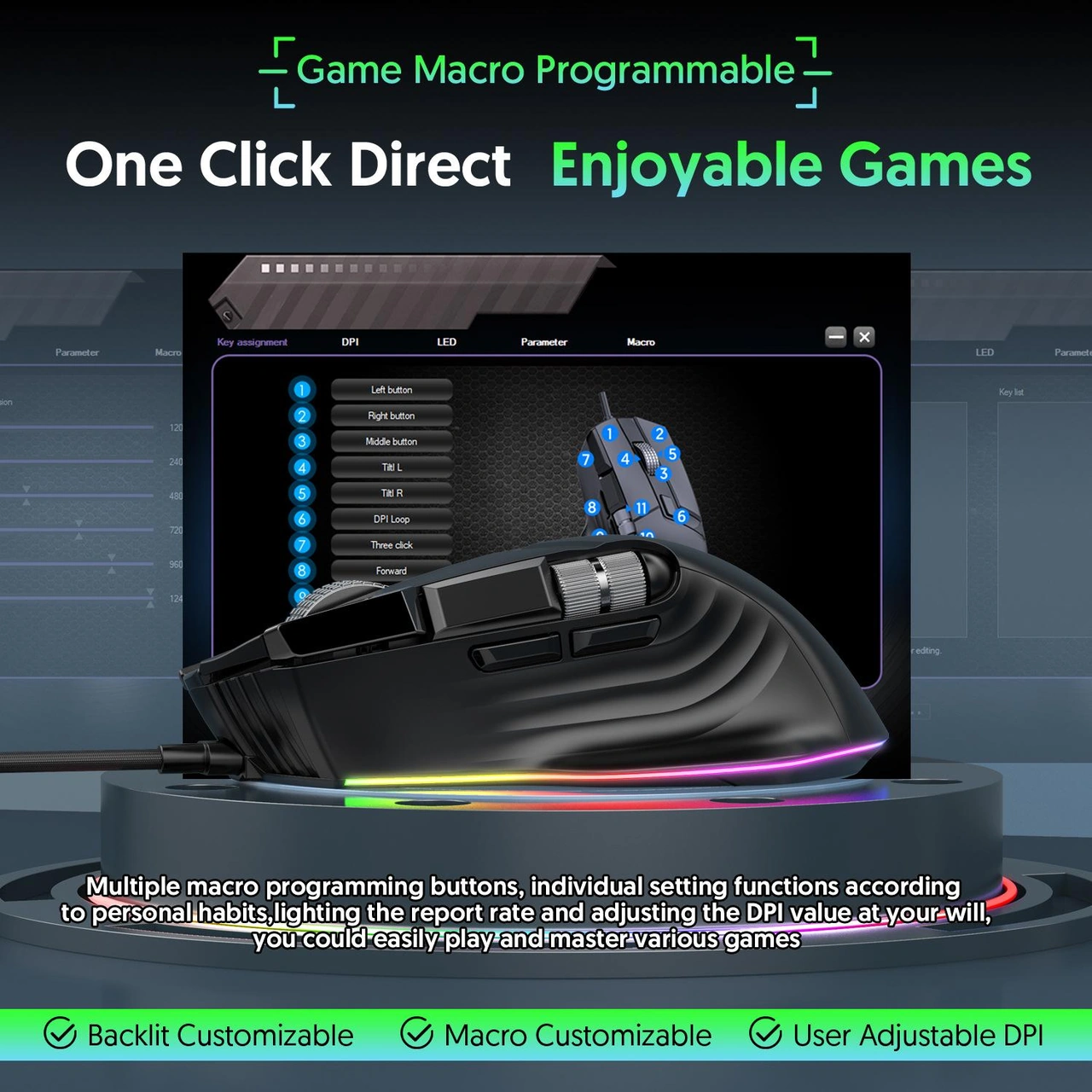 Sones Mkespn X13 Rgb Tam Hızlı Kablolu Oyun Faresi 12400 Dpı 10 Tuşlu Çift Kaydırma Tekerleği Salınımlı Makro Programlanabilir Fare Diğer