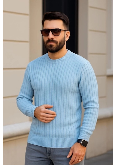 Erkek Bisiklet Yuvarlak Yaka Triko Kazak Pamuklu Kalın Fitilli Dokuma, Regular Fit Uzun Kollu Kışlık Bebe Mavisi