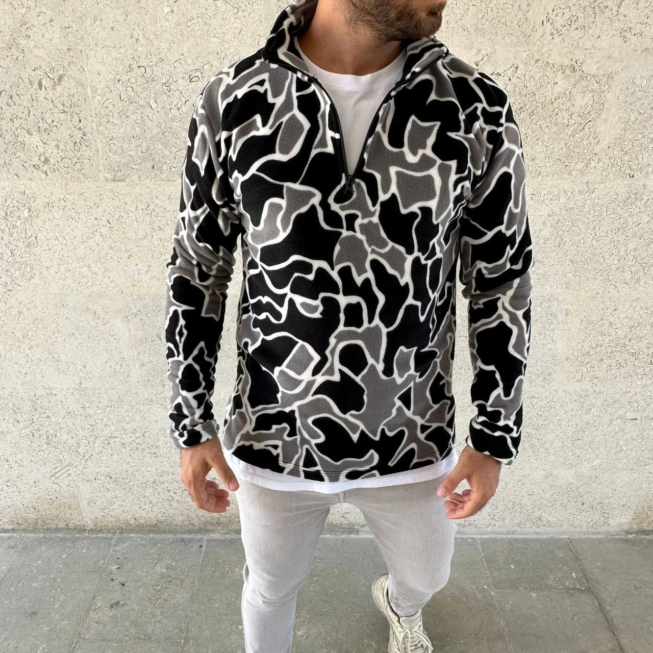 Erkek Yarım Fermuarlı Desenli Polar Sweat Yakalı, Uzun Kollu, Oversize Rahat Kalıp - Siyah Siyah