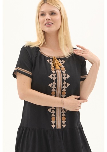 Şile Bezi Siyah Otantik Nakışlı Midi Elbise