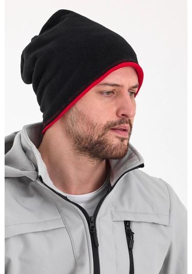 Erkek Siyah Polar Dış, Kahve Pamuklu Iç Kısım, Çift Renk Çift Katmanlı Katlanabilir Yumuşak Bere - Standart / Siyah-kırmızı Siyah-kırmızı