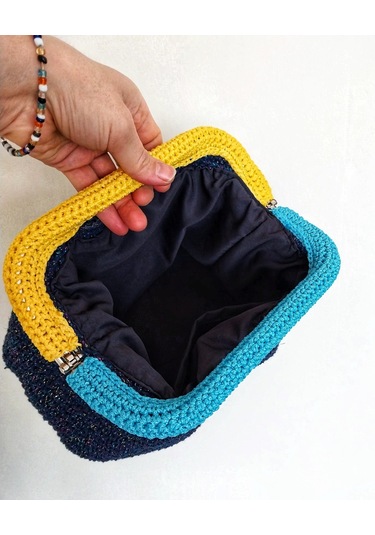 Parlak Tutmalı El Çantaları , El Yapımı Işıltılı Clutch, Örgü El Çantası Lacivert
