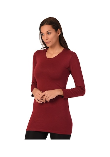 Yuvarlak Yaka Uzun Kollu Viskon Uzun Bordo Body