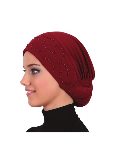 TOPUZLU BORDO HAZIR TÜRBAN TESETTÜR BONE Bordo