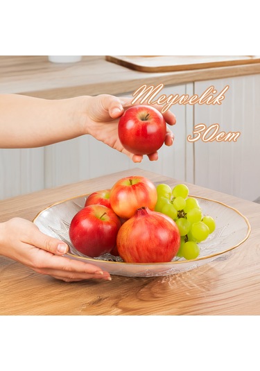 Porsima 30579 Kostanay Altın Yaldızlı Cam Meyvelik Sunumluk 30 Cm