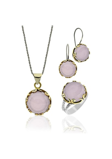 Pembe Kuvars Taşlı Vav Harfi Motifli Otantik Gümüş Kadın Set Rs10127
