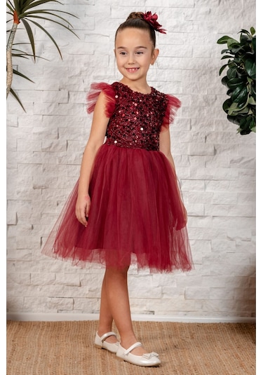 Tüllü Kız Çocuk Kpl Elbise Mnk0526 Bordo