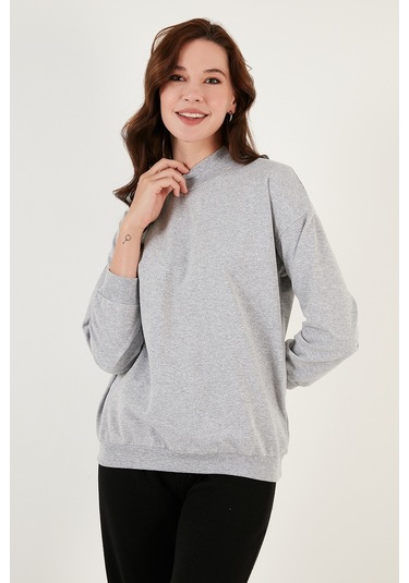 Lela Pamuklu Dik Yaka Basic Örme Bayan Sweat 5863323 Gri Melanj