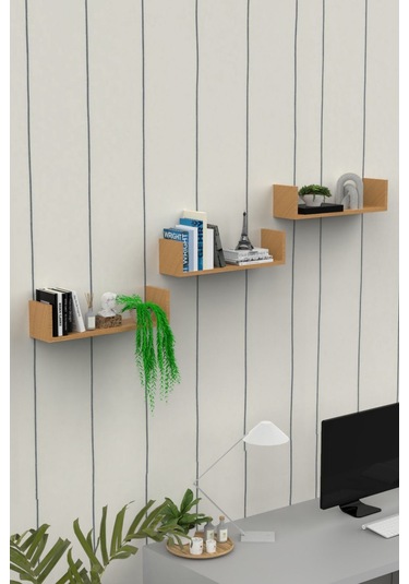 Ahşap Dekoratif Duvar Rafı Üçlü